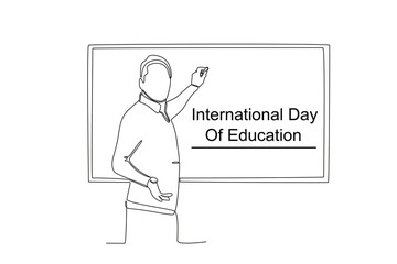 A teacher teaches his students in front of the class. International day of education one-line drawing