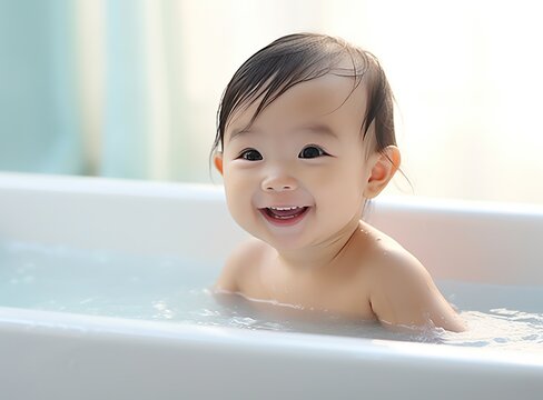 An Asian-looking baby with a smile splashes in the water of a bathtub. Caring for young children concept