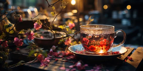 Fototapeten international tea day, cup of hot flower tea next to flower petals on a wooden table. sakura branch, morning sun, banner © Dmitriy