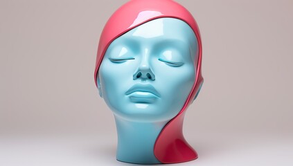 A mannequin with blue skin and pink hair in a surrealistic style against a monochrome background.