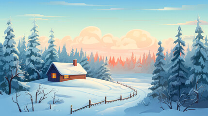 Winter landscape. Wooden hut in the forest. Seasonal background