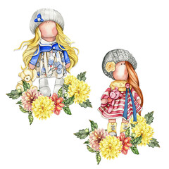 Composition of doll Tilda in dress and dahlia flowers. Hand drawn watercolor illustration. Design for baby shower party, birthday, cake, holiday celebration design, greetings card, invitation, sticker