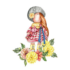 Composition of doll Tilda in dress and dahlia flowers. Hand drawn watercolor illustration. Design for baby shower party, birthday, cake, holiday celebration design, greetings card, invitation, sticker