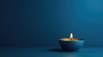 Zen Candle with smooth blue background. A single candle with copyspace. - obrazy, fototapety, plakaty