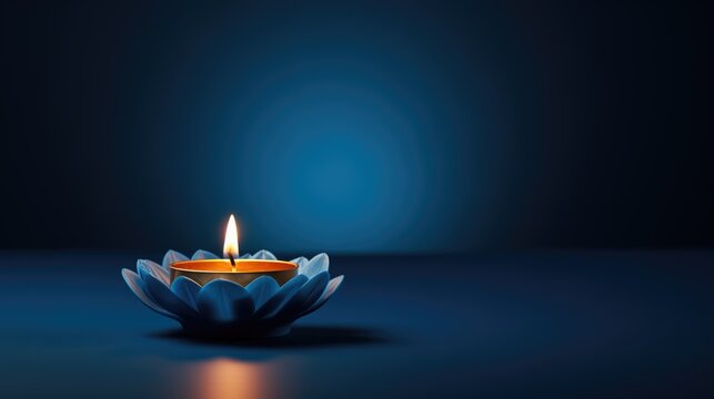 Zen Candle with smooth blue background. A single candle with copyspace.