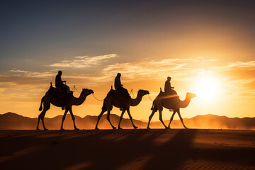 Silhouette of the three wise men traveling on camels to Bethlehem for the birth of baby Jesus - obrazy, fototapety, plakaty