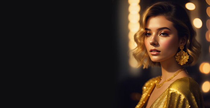 A girl in a golden dress on a black background. Generative AI.