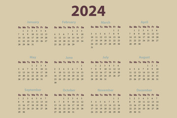 Calendar for 2024, vector layout