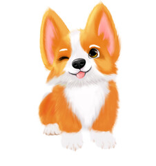 Fototapeta na wymiar Cute Corgi puppy dog funny illustration. Realistic cartoon Welsh Corgi Pembroke smiling with tongue. Adorable pet animal portrait. 