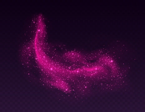 Pink dust cloud with sparkles isolated on dark background. Stardust sparkling background. Glowing glitter smoke or splash. Vector illustration. Christmas or Valentines Day romantic decoration.