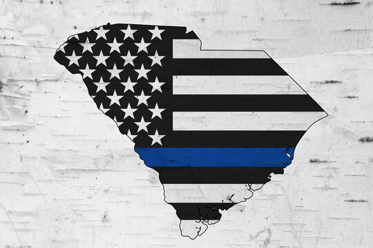 American thin blue line flag on map of South Carolina