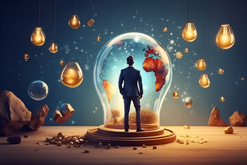 Businessman in glass light bulb looking at the world map inside 3D rendering