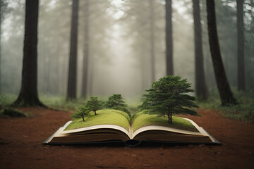 Open book with tree on the pages in the foggy forest