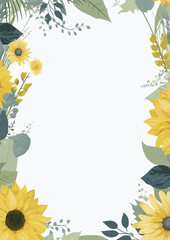 Sunflower frame border wedding Invitation Design. Floral Corner border decorative
