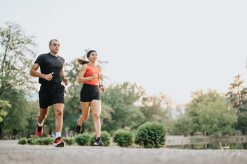 Naklejka premium Active Afternoon Training: Athletes Jogging in Park for Fitness and Healthy Lifestyle