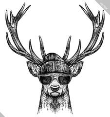 Vintage engraving isolated deer glasses dressed fashion set illustration ink sketch. Northern reindeer background stag silhouette sunglasses hipster hat art. Black and white hand drawn vector image © Turaev