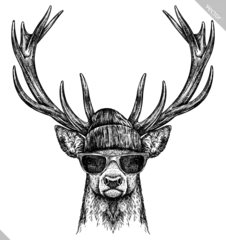 Gordijnen Vintage engraving isolated deer glasses dressed fashion set illustration ink sketch. Northern reindeer background stag silhouette sunglasses hipster hat art. Black and white hand drawn vector image © Turaev