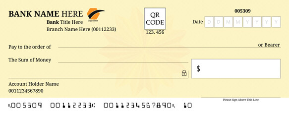 Blank bank check, checkbook cheque template vector mockup, account bill paycheck with guilloche pattern, Money payment voucher or pay cash cheque certificate	
