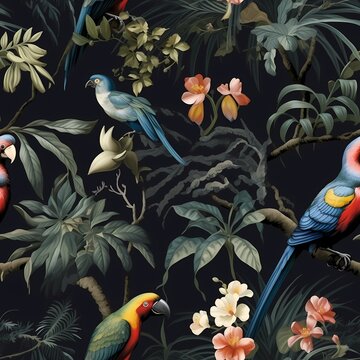 Jungle chinoiserie wallpaper Featuring a design of tropical birds