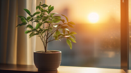 A green plant on a windowsill