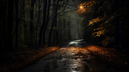 Fototapeta na wymiar a dark road on an autum night with light rain