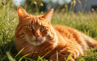 Naklejka na ściany i meble Ginger cat basking in the sun