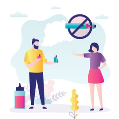 Woman gesture - stop, giving up vaping addiction. Young adult give pack of e-cigarettes. Stop vaping. Refuse e-cig smoking addiction. Prohibition of electric cigarette.