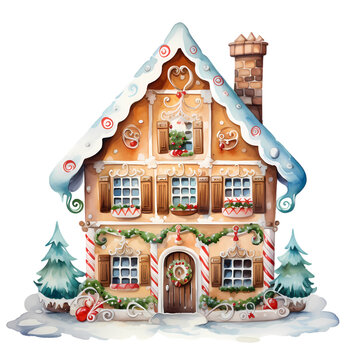 Watercolor gingerbread house on transparent background, white background, isolated, icon material, vector illustration
