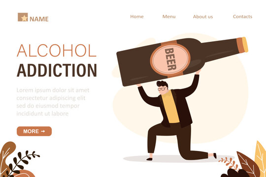Drunk man tries to lift giant beer bottle. Problems in life, alcohol addiction, landing page template. male character with pernicious habits dependence and substance abuse.