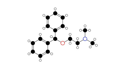 diphenhydramine molecule, structural chemical formula, ball-and-stick model, isolated image antihistamine - obrazy, fototapety, plakaty