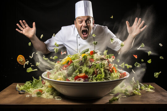 Crazy cheerful chef makes and prepares salad. AI generated.