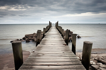Fototapeta premium The wooden jetty leads far out to sea. AI generated.