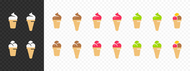 Set of various ice cream scoops in waffle cup and cones vector design. Chocolate, vanilla, strawberry and pistachio ice cream graphic design