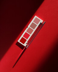 A red palette of shadows on a red background.view from above