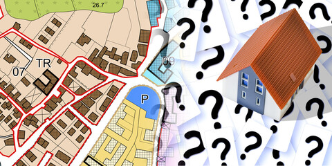 Doubts and questions about buildings - concept with home model against question marks and imaginary city cadastral map
