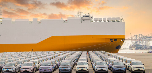 Close up vehicle carrier vessel loading car for shipping to worldwide, Large RoRo (Roll on off)...