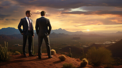 Two businessman sitting on the Clift looking at the valley with beautiful sunlight and landscape.