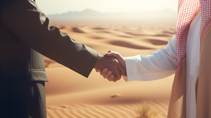 Professional Partnership: Western and Arab Businessman Shaking Hands in Agreement and Success - obrazy, fototapety, plakaty