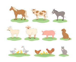 Fototapeta premium Farm animals. Cartoon animals collection: horse, cow, donkey, sheep, goat, pig, cat, dog, duck, goose, chicken, rooster. Vector illustration. 