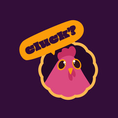Vector illustration of a surprised cute pink chicken head. Speaking bird character design in flat hand-drawn style. Cute hen with speech bubble and word Cluck as a sticker.