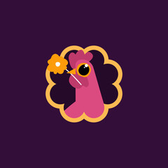 Vector illustration of a cute pink chicken head with a small flower in a beak. Bird character with presents design in flat handdrawn style. Cute funny hen sticker.