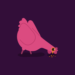 Vector illustration of a cute pink chicken. Bird character design in flat hand-drawn style. Funny hen eating the grain. Farm and poultry concept.