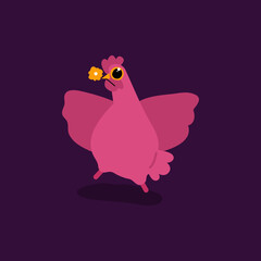 Vector illustration of a cute pink chicken with a small flower in a beak. Bird character with presents design in flat handdrawn style. Cute funny hen. Farm and poultry concept.