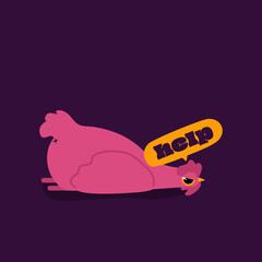 Vector illustration of a tired cute pink chicken laying on the ground. Speaking bird character design in flat hand-drawn style. Cute hen with speech bubble and word Help. Farm and poultry concept.
