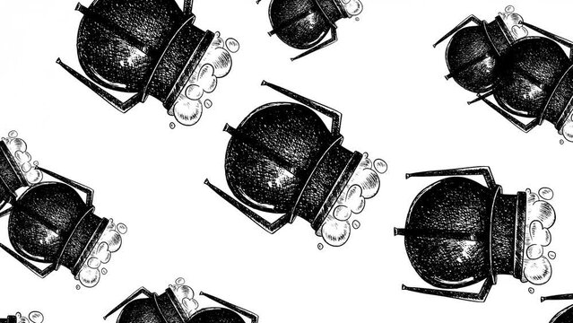 Rotating steaming cauldrons on a white screen. Looped background with witch's potion in 4K. Stock animation for mystical post.