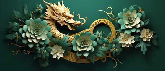 Green dragon symbol with flowers, on a green background. Happy Chinese New Year 2024 concept - obrazy, fototapety, plakaty
