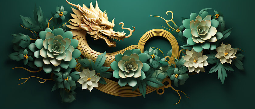 Green dragon symbol with flowers, on a green background. Happy Chinese New Year 2024 concept