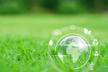 crystal ball on grass. earth globe and growing tree. Save the world concept. Environment, save...