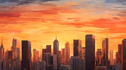 Sunset over city skyline painting with vibrant orange hues.