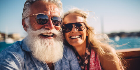 
Beautiful retired senior couple enjoying cruise vacation. Senior man and woman having fun on a cruise ship. Old man and old lady travelling by sea - obrazy, fototapety, plakaty